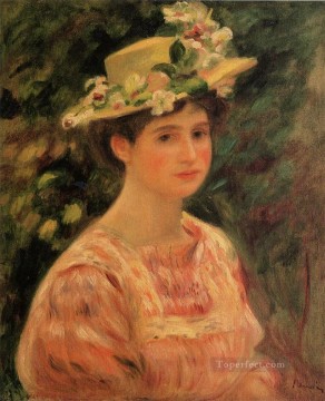 young woman wearing a hat with wild roses Pierre Auguste Renoir Oil Paintings